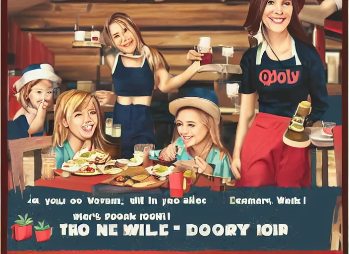 Prompt: Tomboy Outback, the new restaurant where all the waitresses are cute tomboys. Promotional poster