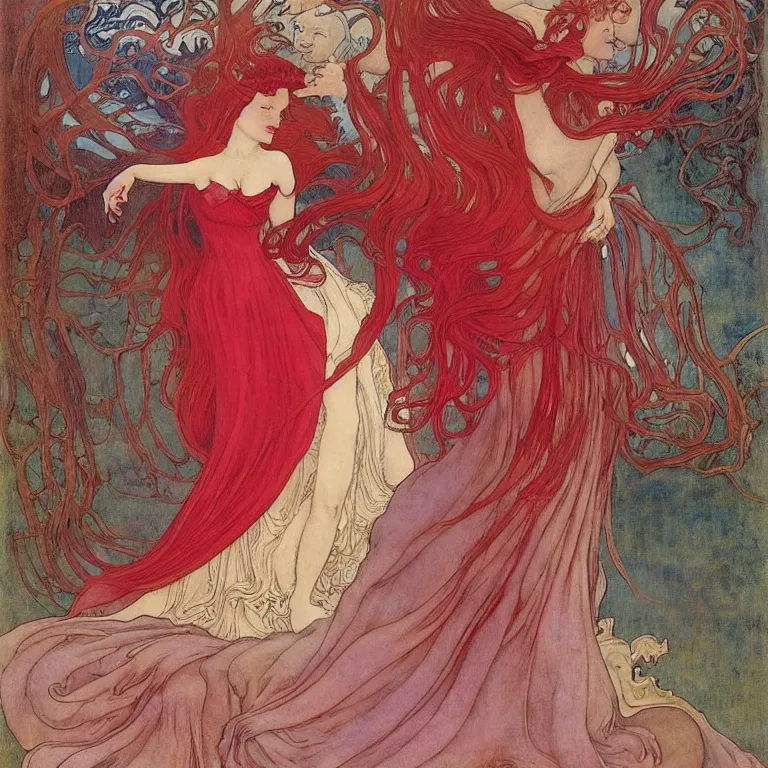 Image similar to Woman with red hair in a red dress standing in a pink room Anton Pieck,Jean Delville, Amano,Yves Tanguy, Alphonse Mucha, Ernst Haeckel, Edward Robert Hughes,Stanisław Szukalski and Roger Dean