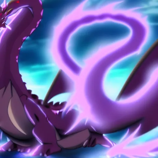 Image similar to hyperrealisitc dragon breathing purple flames in hd anime movie