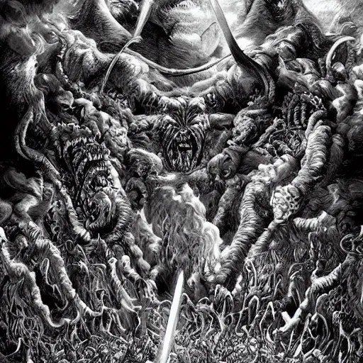 Image similar to a stunning digital masterpiece of hell and heaven at war by kentaro miura, hyper-detailed