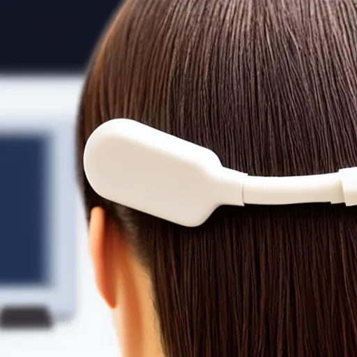 Prompt: usb cable plugged in, back of head, woman, computer, hair clip