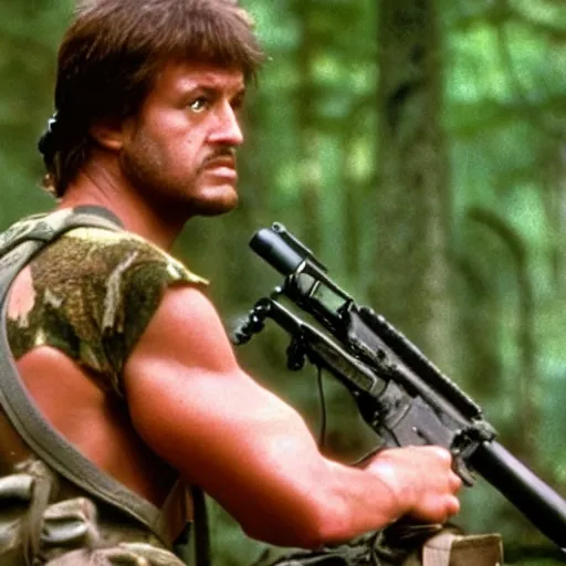 Prompt: A still of Garfield as Rambo in Rambo First Blood (1982)