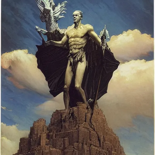 Image similar to portrait of immense, majestic, surreal, terrifying joe!!!! biden!!! standing triumphant over the city, perfectly clear face, by j. c. leyendecker, bosch, and beksinski