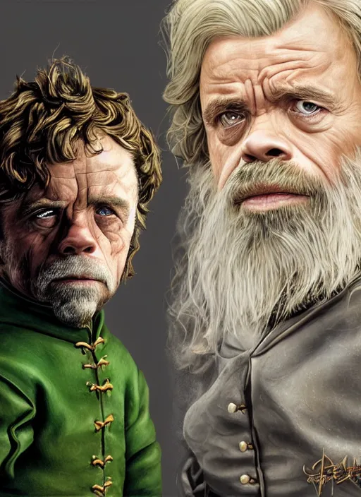 Prompt: portrait of warwick davis as tyrion lannister, with platinum blonde hair and green eyes, by anne stokes and larry elmore, smooth shaven face, lucian freud and drew struzan, detailed matte painting, realistic portrait, symmetrical, highly detailed, digital painting, artstation, concept art, smooth, sharp focus, illustration, cinematic lighting, 8 k resolution