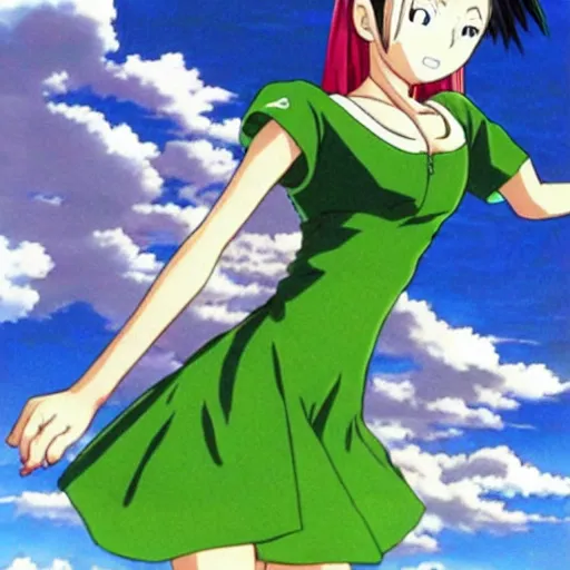 Image similar to anime, girl, green dress, flying, one piece, by akira toriyama