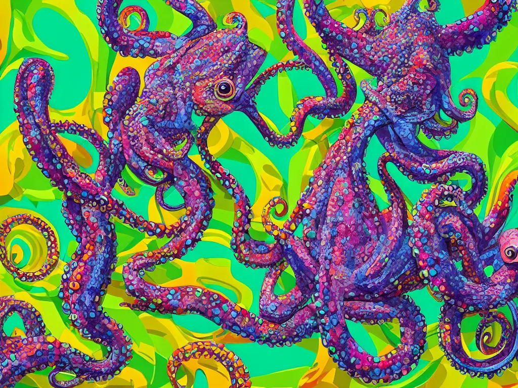 Prompt: chameleon and octopus, high detail, highly abstract, digital art, a bit vivid colors