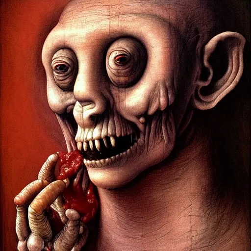 Image similar to a boy like eraserhead and elephant man sitting in a tub full of tomato sauce, looking straight into camera, screaming in desperation, by giuseppe arcimboldo and ambrosius benson, renaissance, fruit, intricate and intense oil paint, a touch of beksinski and hr giger and edward munch, realistic