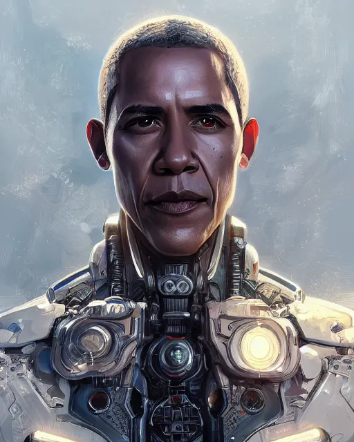 Prompt: portrait of cyborg barack obama, fantasy, intricate, elegant, highly detailed, digital painting, artstation, concept art, smooth, sharp focus, illustration, by artgerm and greg rutkowski