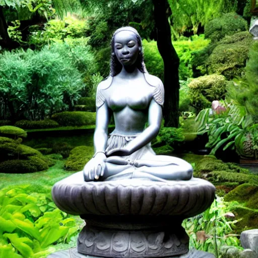 Image similar to marble statue of naomi campbell meditating in a rococo japanese garden