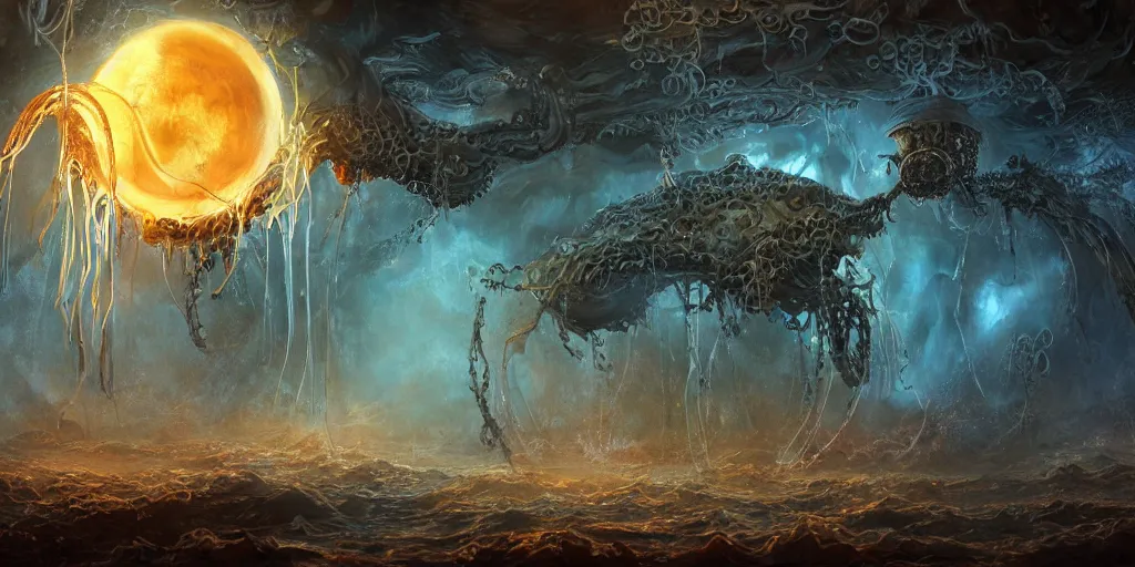 Image similar to concept art of giant translucent glowing jellyfishes, lovecraftian divers helmet, lots of teeth, melting horror, round moon, rich clouds, fighting the horrors of the unknown, high resolution, very detailed, volumetric light, mist, grim, fine art, decaying, textured oil over canvas, epic fantasy art, very colorful, ornate, anato finnstark