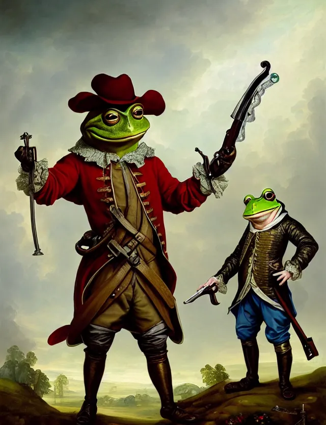 Image similar to anthropomorphic bipedal frog that is dressed as a medieval worker, and dual wielding revolver pistols, as a baroque oil painting and d & d character art, by alexander roslin, standing, fullbody, floating bubbles, enlightenment, mystic, concept art, award - winning, extremely detailed, sharp focus