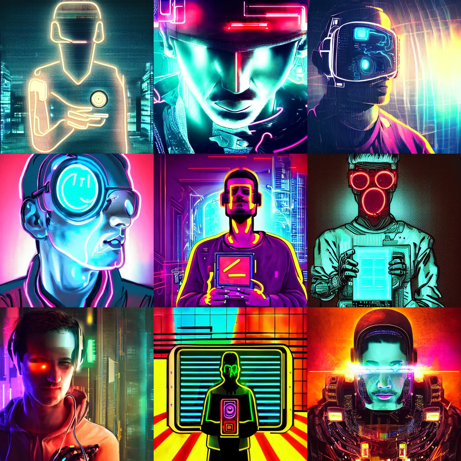 Prompt: beautiful cyberpunk artwork of a man with a tv instead of his head, neon lights, close up