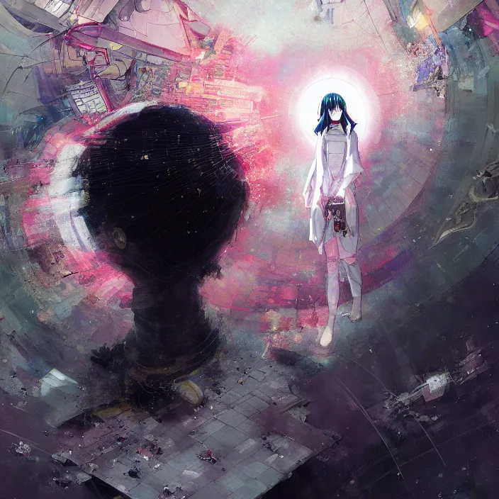 Image similar to Close up Iwakura Lain, epcot, inside a space station, eye of providence, Rei Ayanami, Tomas Sanchez, evening formal robes, digital illustration, Howl's Moving Castle, tranquil divine observer Nymph by ismail inceoglu nicola samori dragan bibin hans thoma greg rutkowski Alexandros Pyromallis Nekro Rene Margitte illustrated, official anime key media, hellscape, mind character, Environmental occlusion theme Jia, a William mans character, Artstation station female hyperdetailed with , rei ayanami
