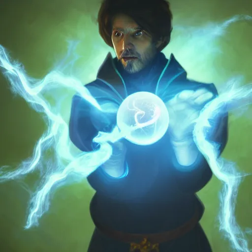 Image similar to a warlock is casting a magic spell, while magic orb is floating in his hand, the magic orb emit a blueish vapour, dynamic pose, chromatic aberration , medium level shot, Mucha style , Grim fantasy, illustration ,concept art,