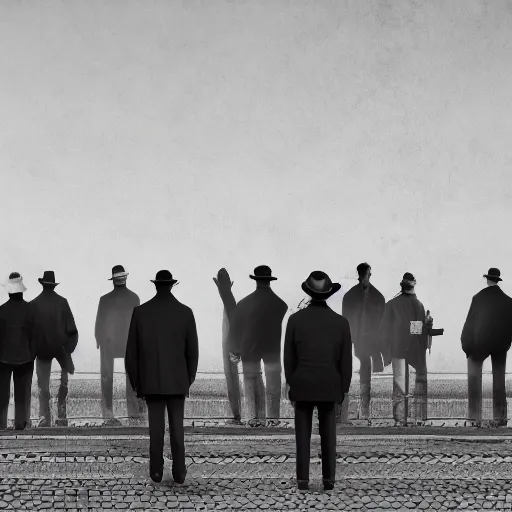 Prompt: The top half of a row of men in hats are standing, looking into the distance, the man in the middle is facing the front, looking downwards at his stomach by Tommy Ingberg, Trending on artstation