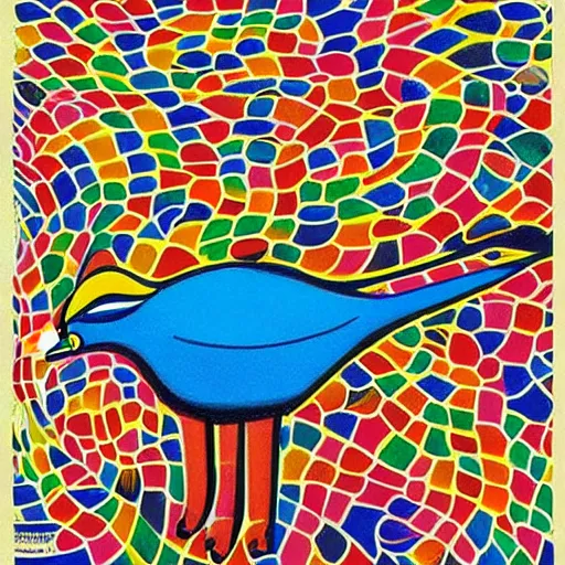 Image similar to by howard schatz, by richard scarry mild. a beautiful street art of a large, colorful bird with a long, sweeping tail. the bird is surrounded by swirling lines & geometric shapes in a variety of colors