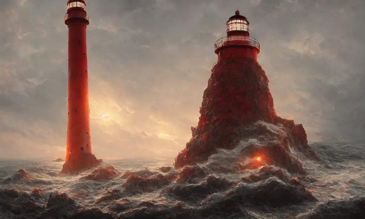 Prompt: a beautiful painting of a lighthouse seen at a distance shining it's light across a violent tumultuous sea of red blood by john blanche and greg rutkowski, trending on artstation, midjourney