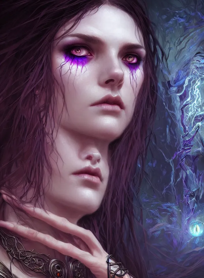 Image similar to Necromancer Sorceress face close-up macro in center, fantasy magic, undercut hairstyle, dark light night, intricate, elegant, sharp focus, illustration, highly detailed, digital painting, concept art, matte, art by WLOP and Artgerm and Greg Rutkowski and Alphonse Mucha, masterpiece