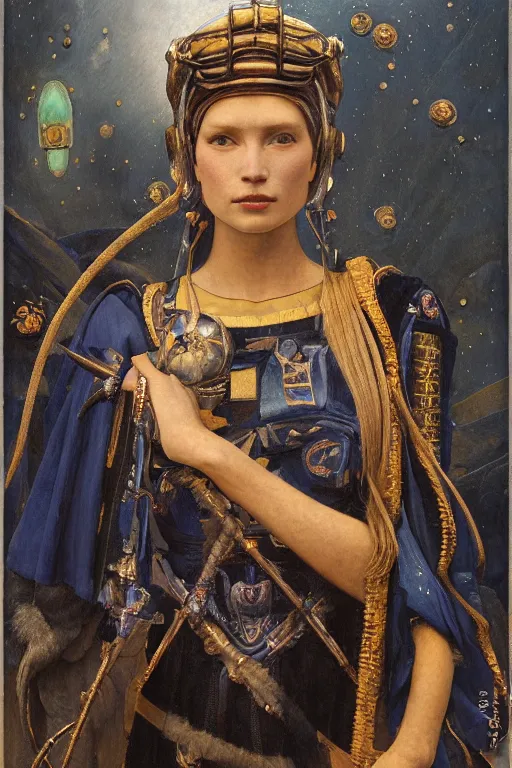 Image similar to portrait of the space queen with her helmet and regalia, by Annie Swynnerton and Nicholas Roerich and John Bauer and John William Godward and Donato Giancola and Vermeer, black leather and embroidered velvet, iridescent beetles, rich color, lost runes, ancient civilizations, dramatic cinematic lighting, featured on Artstation, extremely detailed