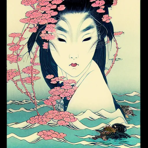 Image similar to prompt: beautiful girl in lake with light up face painted in Hokusai style drawn by Vania Zouravliov and Takato Yamamoto, nymph in the water, small flowers around and on the side, intricate oil painting, high detail, Neo-expressionism, post-modern gouache marks on the side, gnarly details soft light, white background, intricate detail, intricate ink painting detail, sharp high detail, manga and anime 2000