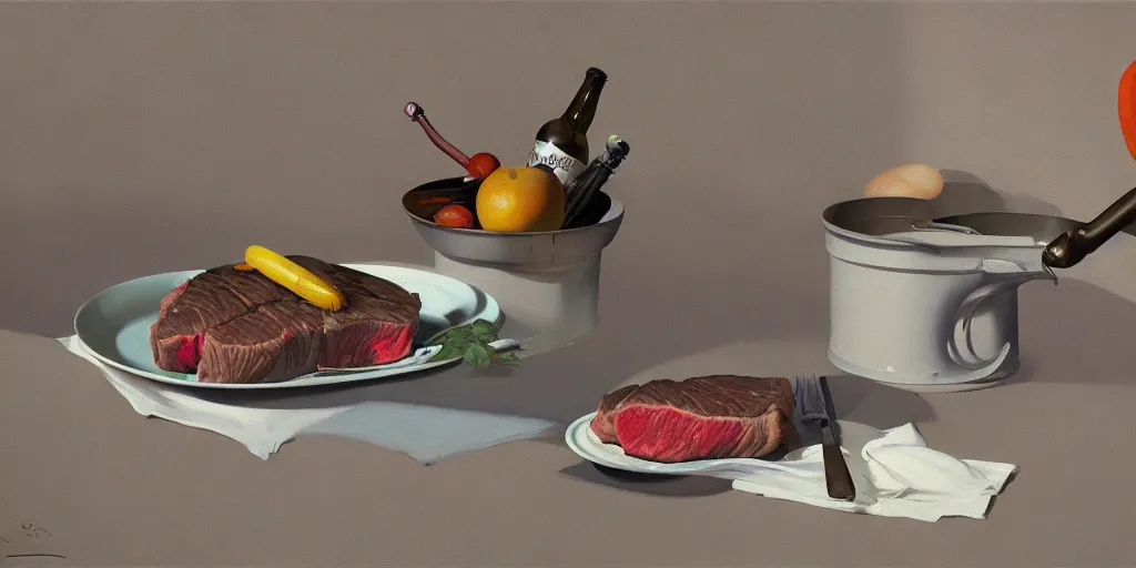 Prompt: an achingly beautiful still life featuring steak very coherent, painted by Edward Hopper, Wayne Barlowe, painted by James Gilleard, airbrush, art by JamesJean