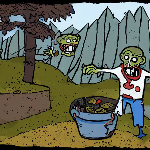 Image similar to a zombie puts out a bowl of soup as a trap for adventurers looking to loot his fake corpse, but they walk right past it and into a pitfall while he laughs at them from behind the bushes, digital art