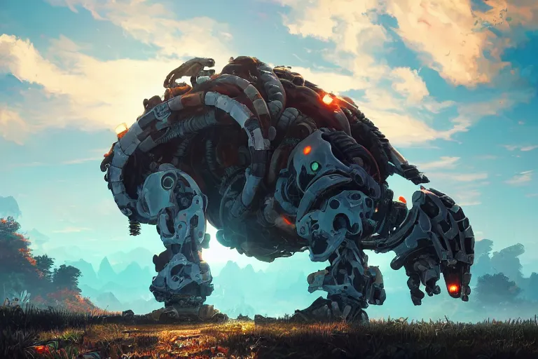 Image similar to shell - walker machine mecanical creature robot of horizon forbidden west horizon zero dawn radiating a glowing aura global illumination ray tracing hdr fanart arstation by ian pesty and alena aenami artworks in 4 k