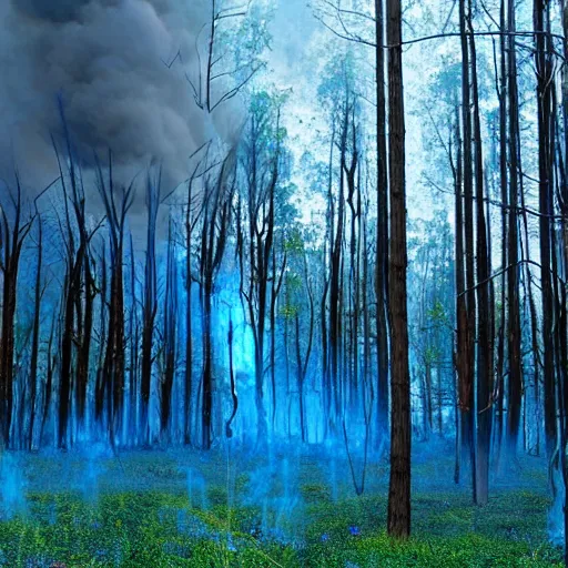 Image similar to a forest burning with blue fire, tragic scene, render