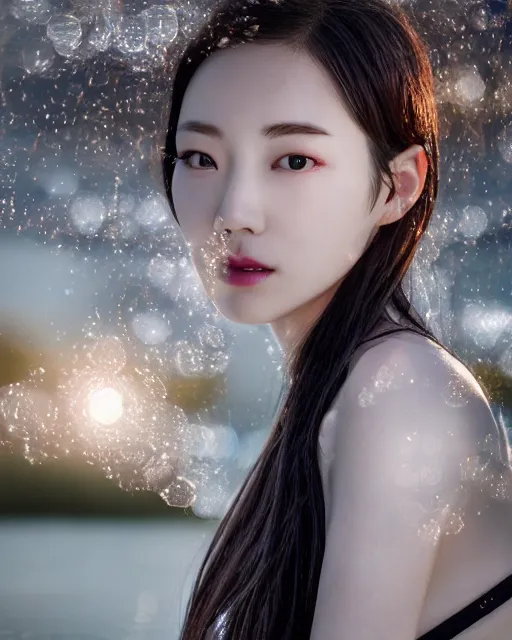 Image similar to beautiful centered photo portrait of korean girl as a solarpunk cyborg with white mechanical parts and implanted bright halogen lamps, treading on calm water, ultra - realistic and detailed, sun lit, white background, bokeh, soft focus, slow exposure hdr 8 k