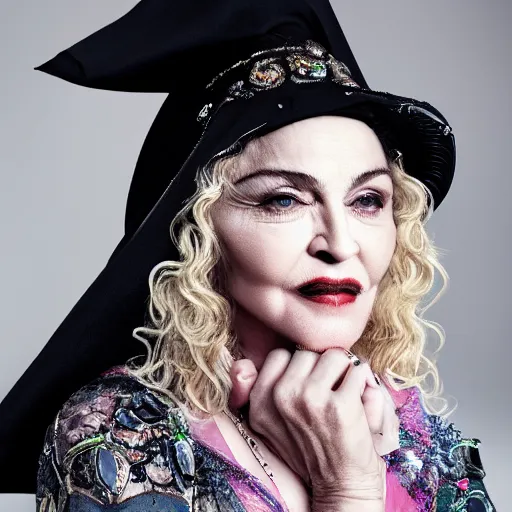 Image similar to madonna as old lady witch, high resolution, smooth, fine details, 4 k, aesthetic lighting, baroque content, sharp focus, justify content center, hyperdetailed content, professional photography, sharp focus, wet, pullitzer winning, by karah mew and adnan abidi and jodie bateman, rgb color, delete duplicate content