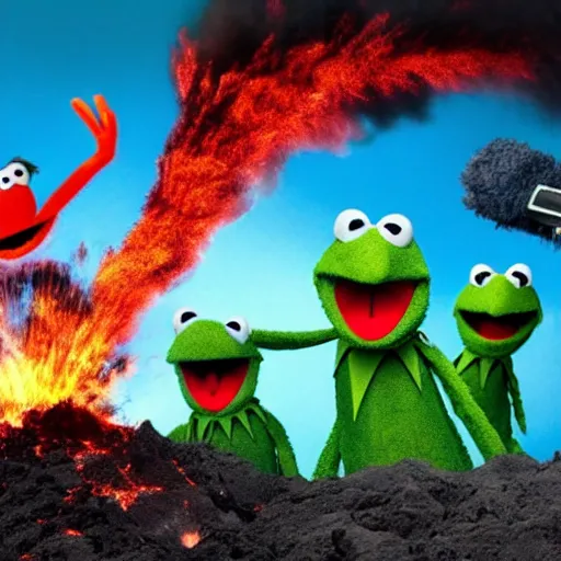 Prompt: a group of muppets are screaming in front of a erupting vulcano, 4 k, detailed