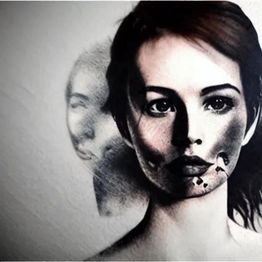 Image similar to realistic tattoo sketch of a beautiful woman face double exposure with amazing mountain scenery