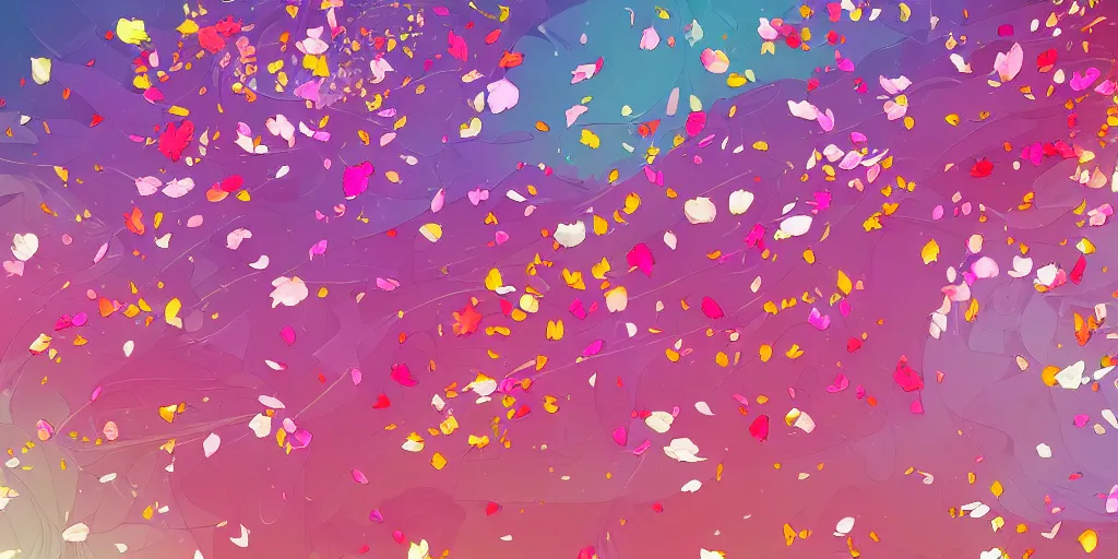 Prompt: background art of spaciously scattered multi colored flower petals flowing through the air from left to right on a clean background, petals, anime, artgerm, manga, trending on artstation, art nouveau, mature color scheme