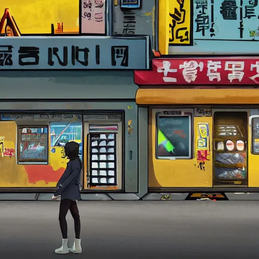 Image similar to incredible wide screenshot, ultrawide, simple watercolor, rough paper texture, ghost in the shell movie scene, backlit distant shot of girl in a parka running from a giant robot invasion side view, yellow parasol in deserted dusty shinjuku junk town, broken vending machines, bold graphic graffiti, old pawn shop, bright sun bleached ground, mud, fog, dust, windy, scary robot monster lurks in the background, ghost mask, teeth, animatronic, black smoke, pale beige sky, junk tv, texture, brown mud, dust, tangled overhead wires, telephone pole, dusty, dry, pencil marks, genius party,shinjuku, koji morimoto, katsuya terada, masamune shirow, tatsuyuki tanaka hd, 4k, remaster, dynamic camera angle, deep 3 point perspective, fish eye, dynamic scene