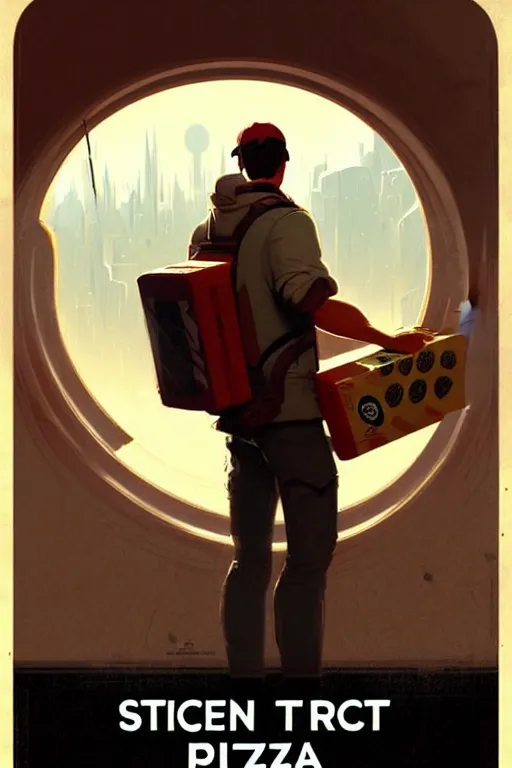 Image similar to greg rutkowski travel poster science fiction pizza delivery man