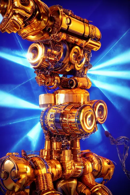 Prompt: portrait photo of a giant huge golden and blue metal humanoid steampunk robot witha huge camera on the head, with gears and tubes, eyes are glowing red lightbulbs, shiny crisp finish, 3 d render, 8 k, insaneley detailed, fluorescent colors, background is multicolored lasershow