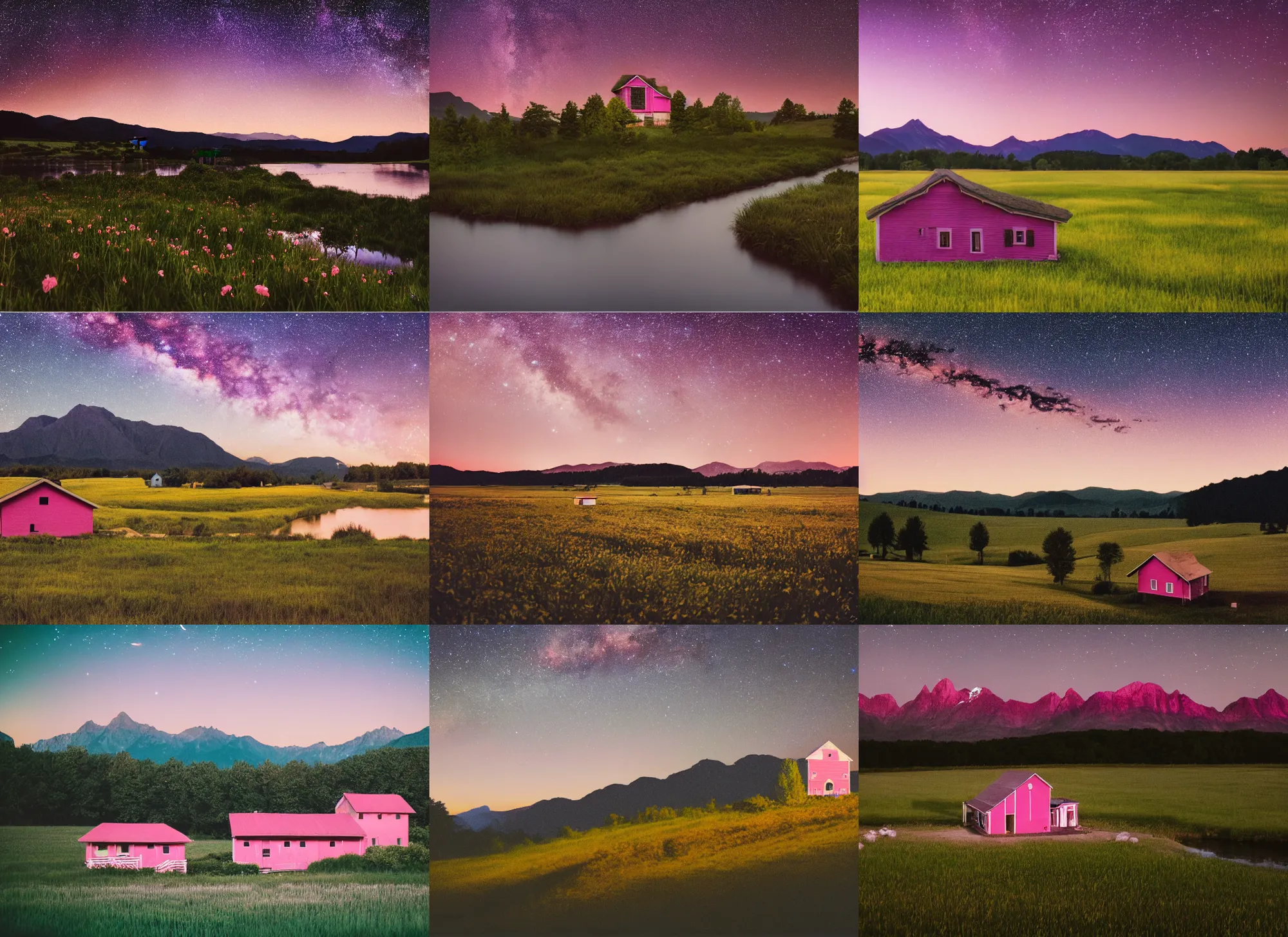 Prompt: still frame from a wes anderson movie of a meadow with a small pink farm house with a river and mountains, at dusk with the milky way stars, 1 6 mm f 1. 4 lens, nikkor, canon, sigma, award - winning landscape photography