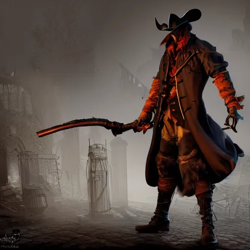 Image similar to a detailed 3 d render of darkwing duck dressed as the hunter from bloodborne, let's get dangerous, in the style animation of darkwing duck, digital art, dark fantasy, concept art, soulslike, by alphonse mucha, blood moon eclipse, wherewolves in a ruined building in the background, artstation, 8 k, unreal engine render