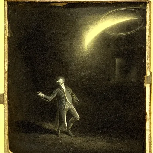 Prompt: 1 8 2 0's photo from distance of a man opening a portal to another dimension at night, moody, dark, damage