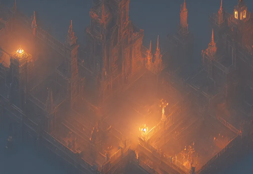 Image similar to isometric magicavoxel Bloodborne layered tower cinematic lighting, 4k