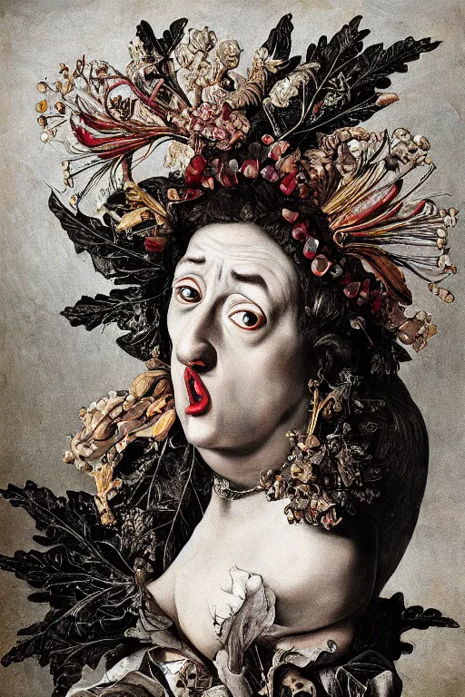 Prompt: Detailed maximalist portrait with large lips and with large eyes, teeth, botany, exasperated expression, HD mixed media, 3D collage, highly detailed and intricate illustration in the style of Caravaggio, dark art, baroque