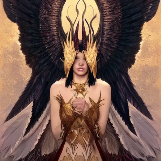 Image similar to a great lucifer, with beautiful wings, beautiful feather, demon horn with fire on head, long dark hair, intricate, elegant, highly detailed, digital painting, artstation, concept art, smooth, sharp focus, illustration, art by artgerm and greg rutkowski and alphonse mucha