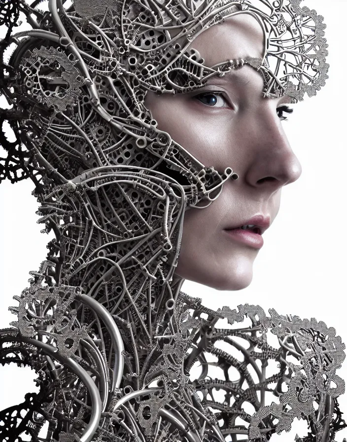 Prompt: surreal photo portrait of complex biomechanical young female cyborg with a mandelbrot fractal metal fine lace face, silver hair, 150 mm lens, soft rim light, fine metal floral foliage super big lace collar, Alexander McQueen, high fashion, haute couture, rococo, steampunk, silver filigree details, anatomical, facial muscles, cable wires, microchip, elegant, hyper realistic, octane render, unreal engine, by Man Ray and Dora Maar, volumetric lighting, 8k, vibrant reflective metallic coloring