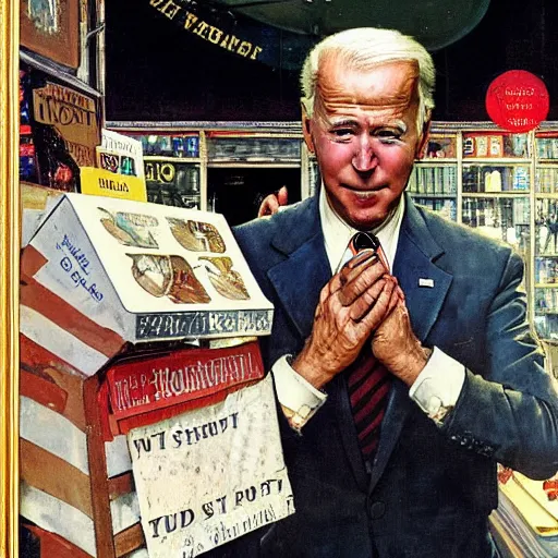 Image similar to joe biden forgets to breathe and falls over in a shop, painted by norman rockwell and tom lovell and frank schoonover