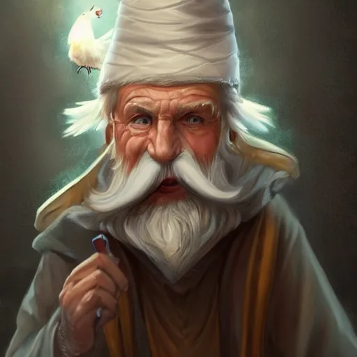 Image similar to a kind old wizard with a long white beard looking a confused with a chicken perched on top of his hat, blue robe, realistic, detailed, trending on ArtStation, by Tony Sart