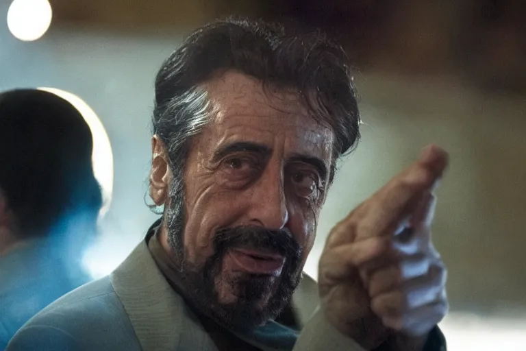 Prompt: Al Pacino as Saddam Hussein in 'SadDamn Hussling' (2023), movie still frame, promotional image, imax 70 mm footage, oscar nominated cinematography, volumetric lighting, 8k resolution