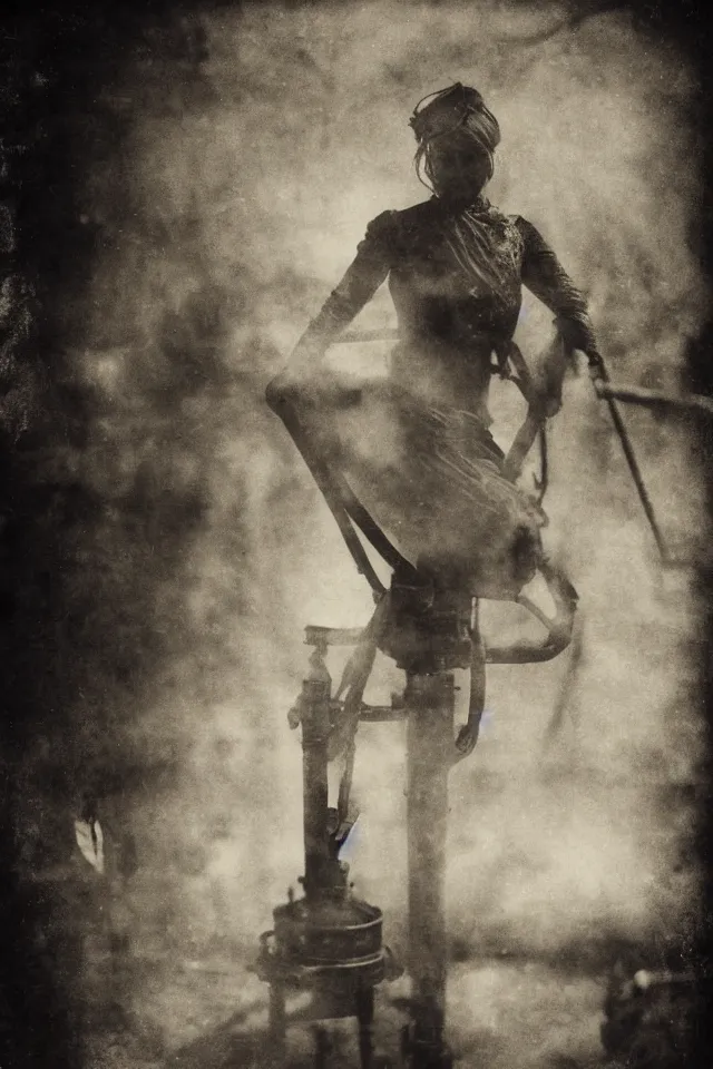 Prompt: wet plate photograph portrait of scarves dancer in victorian era boiler room, coal inferno