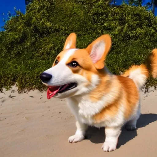 Image similar to happy corgi eating ice cream on the beach, pixar movie screenshot