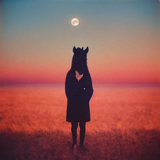 Prompt: photograph taken by a rolleiflex tlr, 1 2 0 mm, portrait, a unicorn, sunset, shot by ryan mcginley, moon in sky, night time