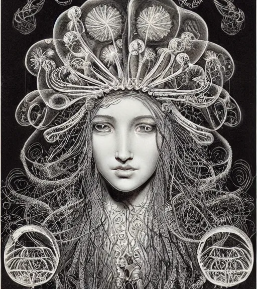 Prompt: portrait of a beatiful young goddess with intricate jellyfish headdress, dark background, intricate hyper detailed art by ernst haeckel and james jean